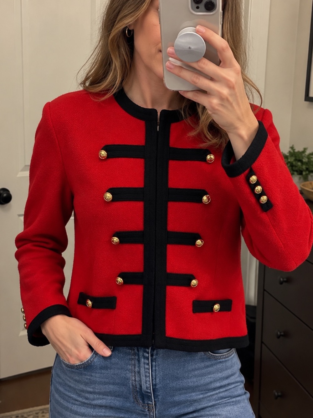 Saks Fifth Avenue Vintage Military Band Jacket Red Wool Knit Gold Button 14